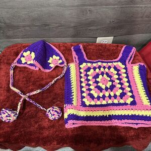Hand Crochet‎ Sweater Vest Tank Top Small Knit Granny Square Vtg With Headband